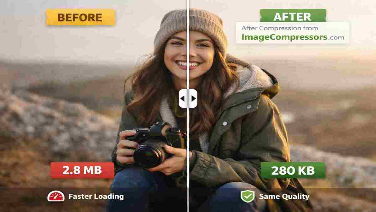 Before and after image compression reducing file size without quality loss